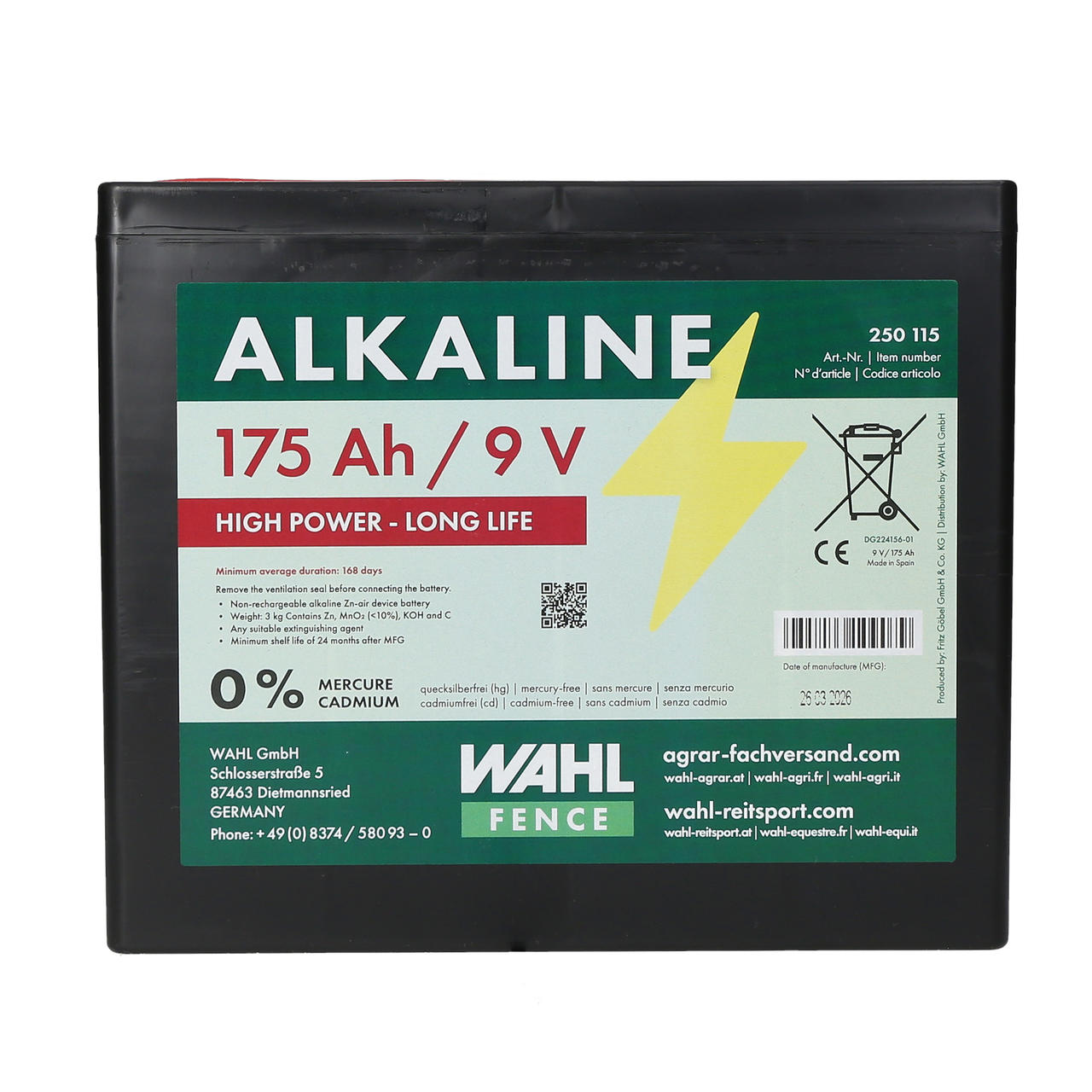 WAHL-FENCE Batteria per recinti elettrici 9 V - 175 Ah WAHL-FENCE Batteria per recinti elettrici 9 V - 175 Ah