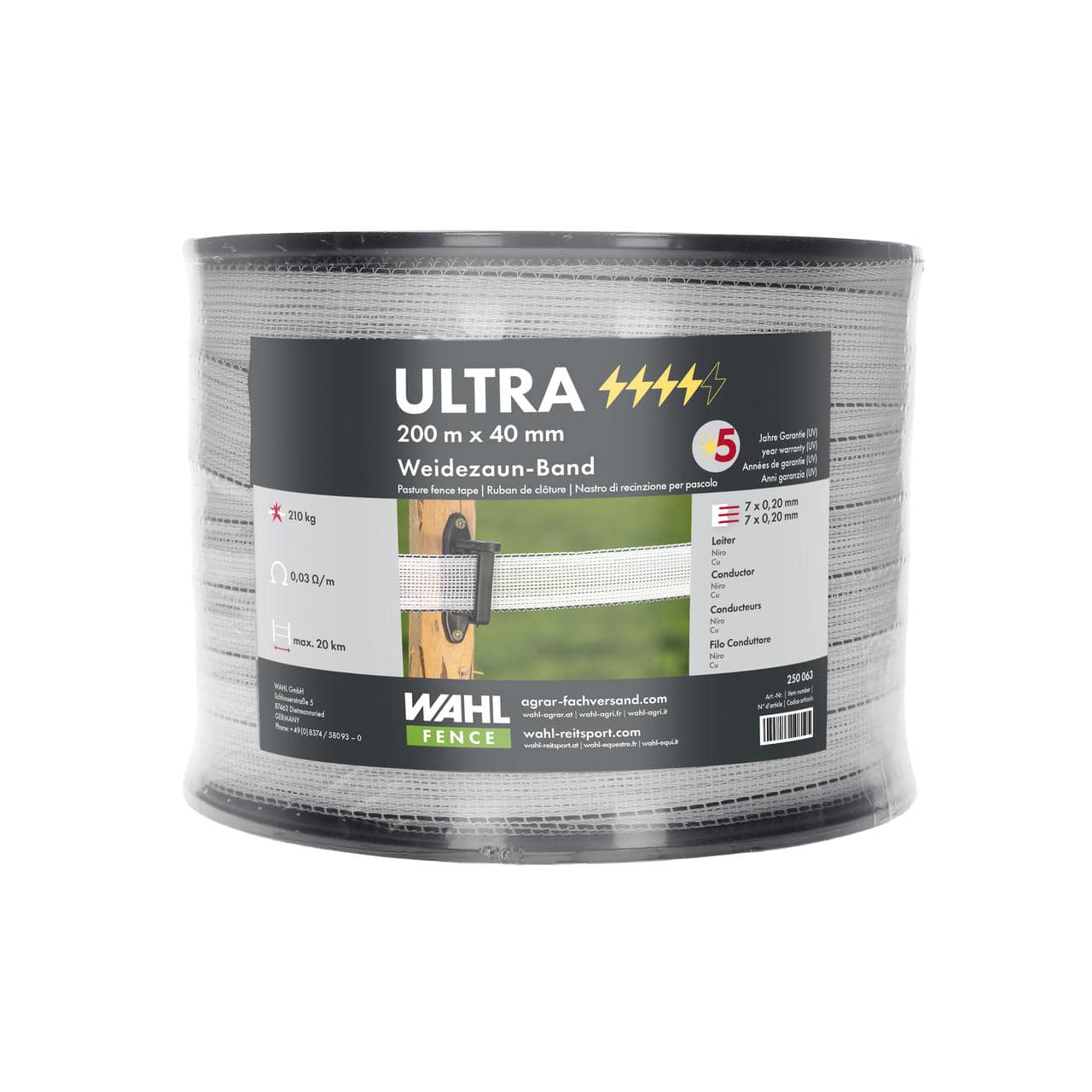WAHL-FENCE WAHL-Hausmarke Nastro di recinzione per pascoli - ULTRA - 40 mm / 200 m WAHL-FENCE WAHL-Hausmarke Nastro di recinzione per pascoli - ULTRA - 40 mm / 200 m