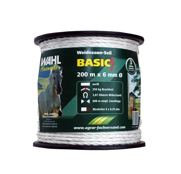 Weidezaunseil 500 m PE-Seil weiß 3,87 Ohm/m 6 Leiter Bruchlast 350 kg 